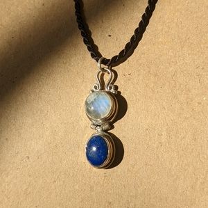 Sterling silver rainbow moonstone and sodalite pendant with free satin cord